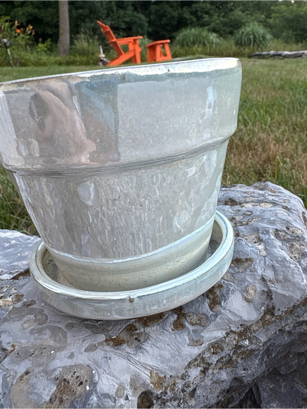 Iridescent Glazed Ceramic Planter with Saucer - Beautiful white shiny reflective